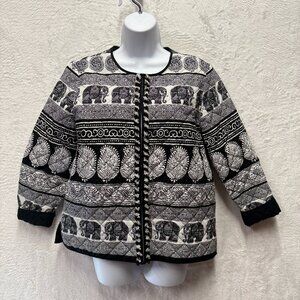 Ruby Rd. Quilted Jacket Womens 8 Black White Elephant Boho Paisley Print Cotton